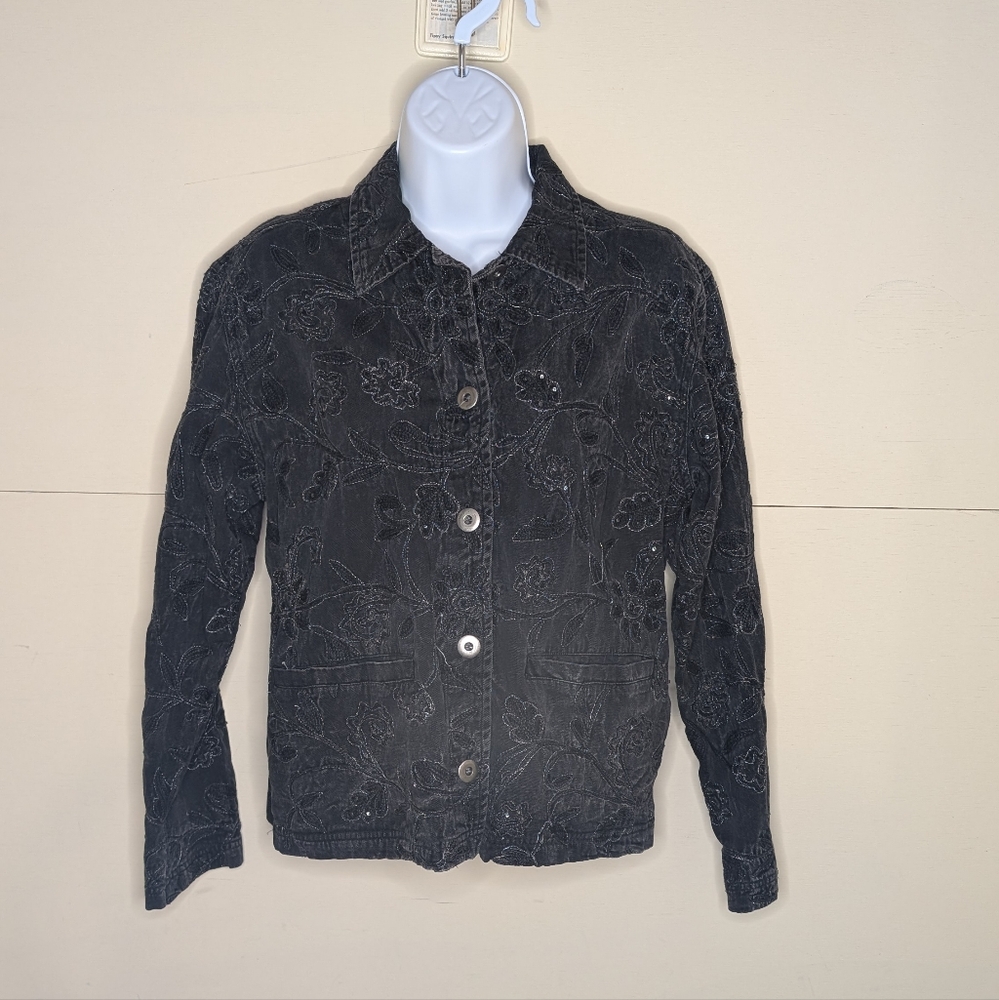 Chico's Embroidered Shacket (Shirt Jacket) Black Denim Floral Print with Sequins